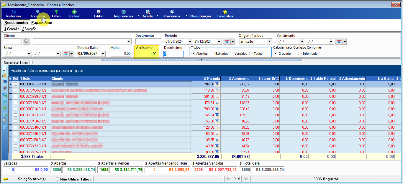 Tela Movimento Financeiro – Contas a Receber, aba Recebimentos; campo "Acréscimo" com valor 1,00 em edição destacado; grade exibe 3.896 títulos; totais: $ Parcela 3.220.837,05 / $ Acréscimo 64.601,69