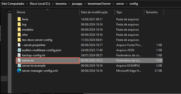 Explorador de arquivos exibindo o diretório C:\teorema\javaapp\teoremaserver\server\config com o arquivo server.ini selecionado