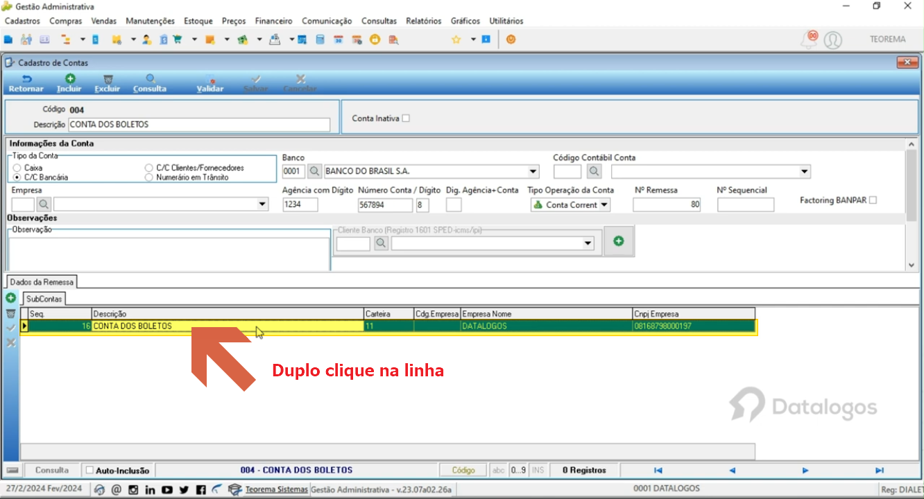 Tela Cadastro de Contas com conta 004 CONTA DOS BOLETOS aberta; seção Dados da Remessa com aba SubContas exibindo linha CONTA DOS BOLETOS e anotação Duplo clique na linha