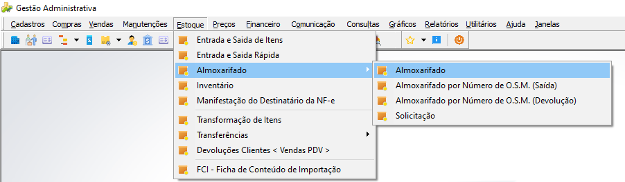 Gestão Administrativa — menu Estoque expandido, submenu Almoxarifado com opções: Almoxarifado, Almoxarifado por Número de O.S.M. (Saída), Almoxarifado por Número de O.S.M. (Devolução), Solicitação