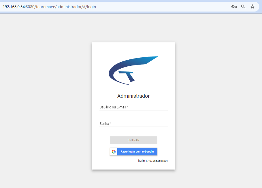 Tela de login do Administrador com campos Usuário ou E-mail e Senha, botão ENTRAR e opção Fazer login com o Google