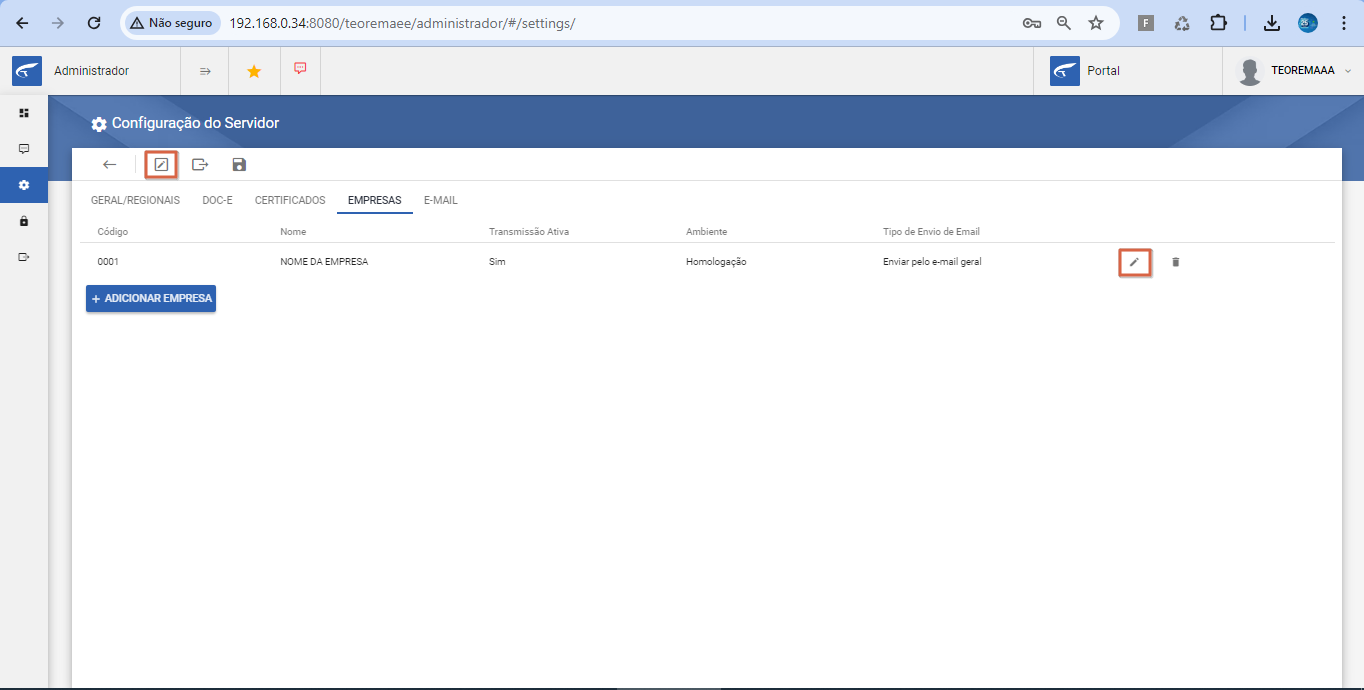 Tela Configuração do Servidor na aba EMPRESAS listando a empresa 0001 com colunas Código, Nome, Transmissão Ativa, Ambiente e Tipo de Envio de Email; ícone de edição destacado na barra de ferramentas e na linha da empresa