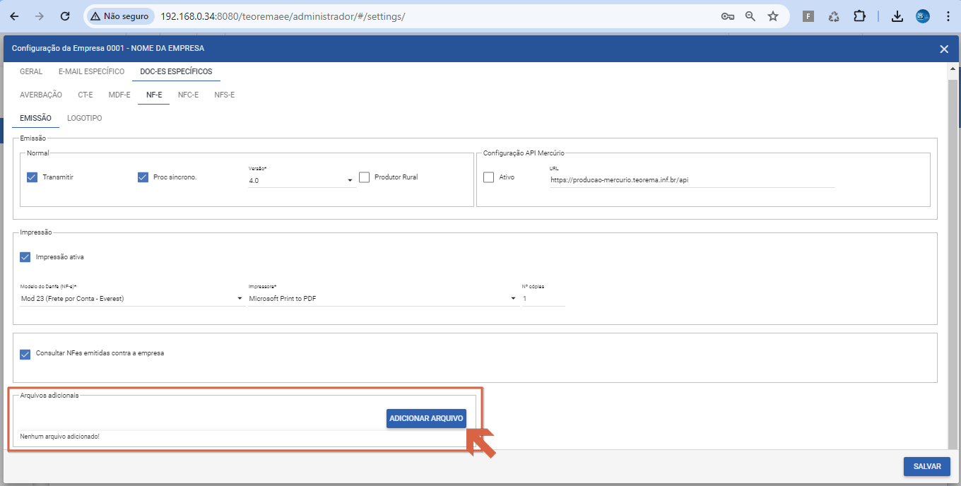 Painel Configuração da Empresa 0001 na aba DOC-ES ESPECÍFICOS, sub-aba NF-E, seção EMISSÃO, com a seção Arquivos adicionais destacada exibindo o botão ADICIONAR ARQUIVO e a mensagem "Nenhum arquivo adicionado!"