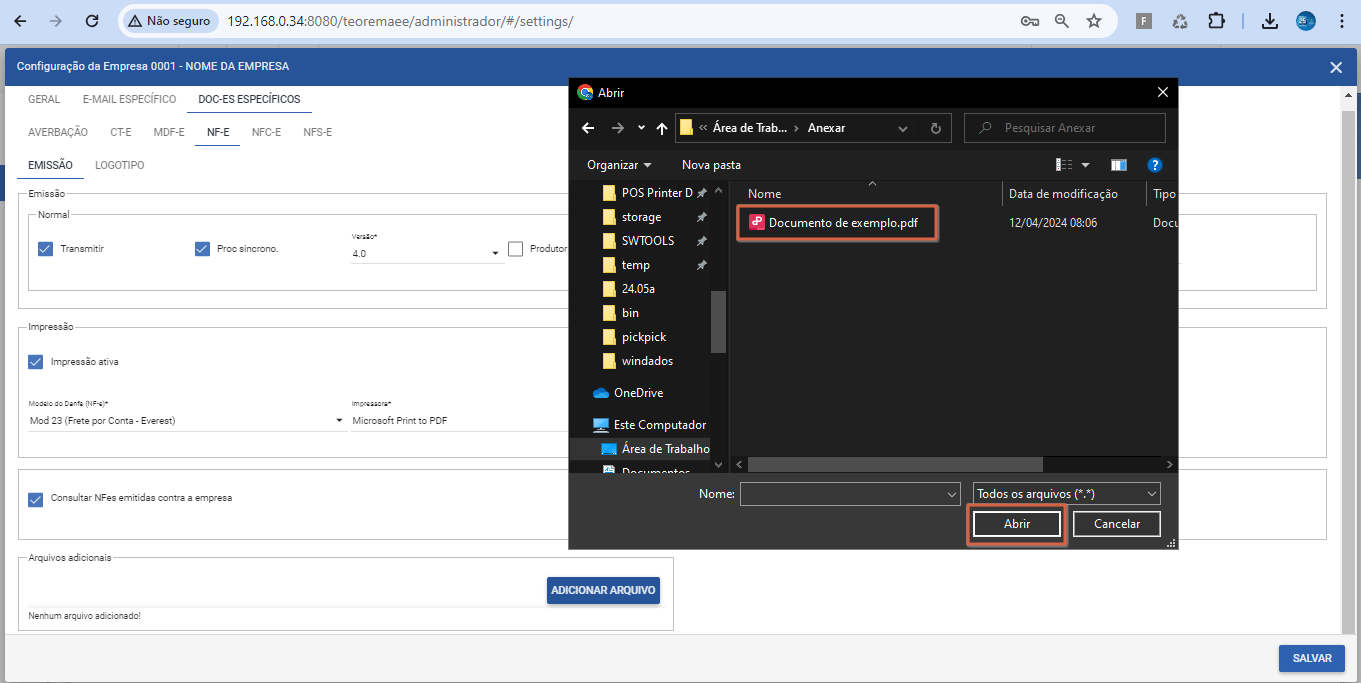 Janela "Abrir" do Windows Explorer com o arquivo "Documento de exemplo.pdf" selecionado na pasta Anexar e os botões Abrir e Cancelar destacados