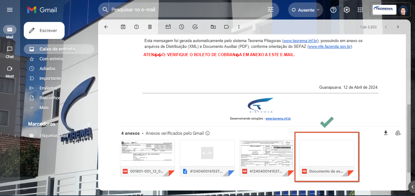 E-mail recebido no Gmail com o corpo gerado automaticamente pelo sistema Teorema Pitagora, exibindo anexos da NF-e incluindo o arquivo adicionado