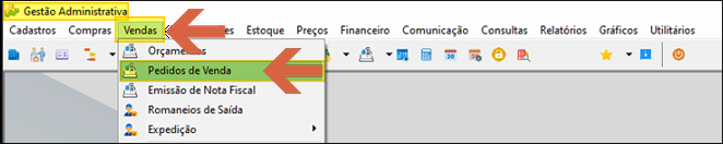 Menu Vendas do módulo Gestão Administrativa com as opções "Orçamentos", "Pedidos de Venda", "Emissão de Nota Fiscal", "Romaneios de Saída" e "Expedição"