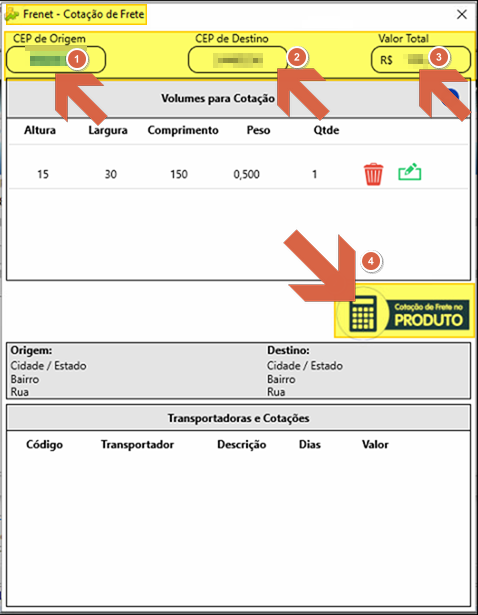 Tela "Frenet - Cotação de Frete" com campos CEP de Origem, CEP de Destino e Valor Total numerados de 1 a 3; seção "Volumes para Cotação" com linha de volume cadastrado (Altura 15, Largura 30, Comprimento 150, Peso 0,500, Qtde 1); botão "Cotação de Frete no Produto" indicado como item 4; seção "Transportadoras e Cotações" com colunas Código, Transportador, Descrição, Dias e Valor ainda sem resultados