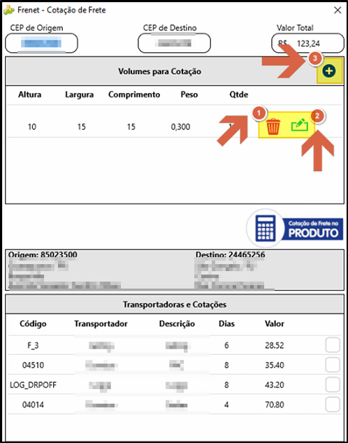 Tela "Frenet - Cotação de Frete" mostrando seção "Volumes para Cotação" com volume (Altura 10, Largura 15, Comprimento 15, Peso 0,300, Qtde 1) e botões 1 (excluir) e 2 (editar) indicados; origem 85023500, destino 24465256; seção "Transportadoras e Cotações" com quatro linhas: F_3 / 6 dias / R$ 28,52; 04510 / 8 dias / R$ 35,40; LOG_DRPOFF / 8 dias / R$ 43,20; 04014 / 4 dias / R$ 70,80; botão + indicado como item 3