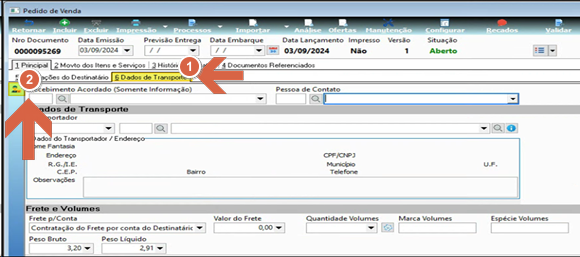 Tela Pedido de Venda com a aba "6 Dados de Transporte" selecionada (item 1); seção "Dados de Transporte" visível com subcampos Transportador, dados do Transportador/Endereço, e seção "Frete e Volumes" com campos Frete p/Conta, Valor do Frete, Quantidade Volumes, Marca Volumes, Espécie Volumes, Peso Bruto e Peso Líquido; seta indica a aba ativa (item 2)