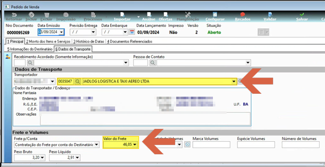 Tela Pedido de Venda, aba "6 Dados de Transporte", com campo Transportador preenchido com "0019047 - JADLOG LOGISTICA E TAXI AEREO LTDA" e campo Valor do Frete preenchido com 46,85; dados do endereço da transportadora visíveis com U.F. BA