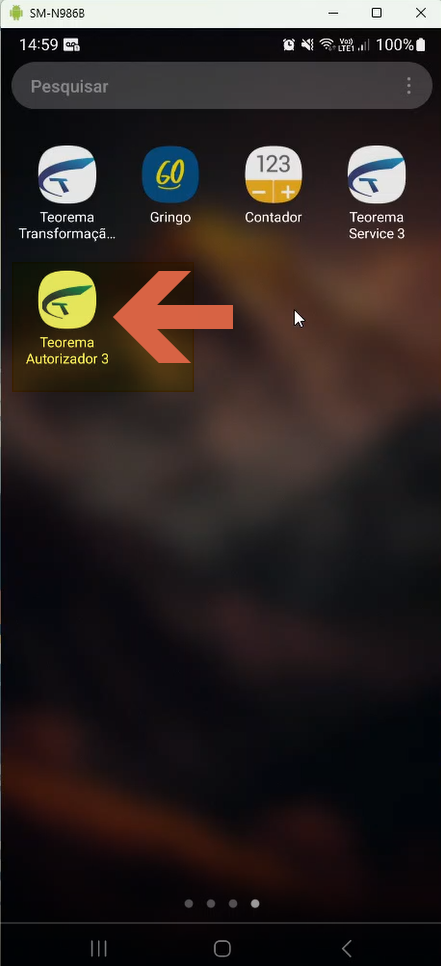 Tela inicial do dispositivo com o ícone Teorema Autorizador 3 destacado por seta