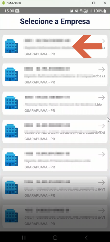 Tela Selecione a Empresa com a primeira empresa da lista destacada por seta
