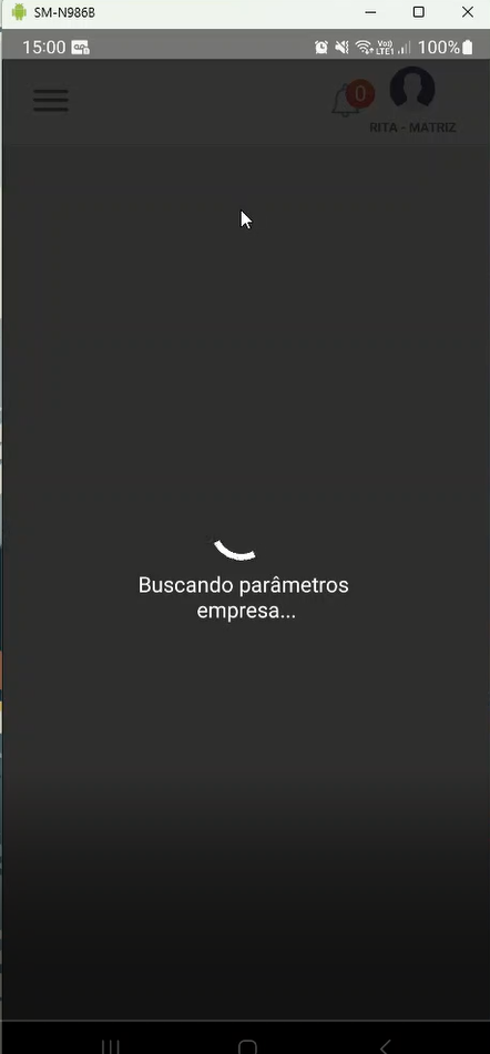 Tela do app com mensagem "Buscando parâmetros empresa..." centralizada, ícone de carregamento e usuário RITA - MATRIZ no cabeçalho