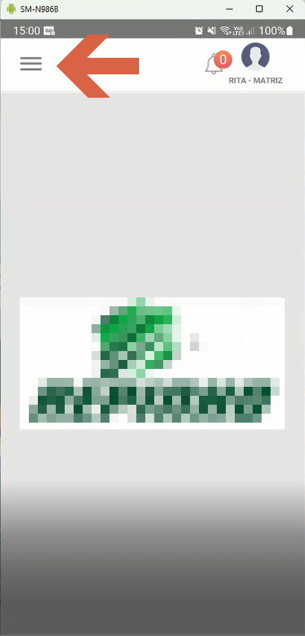 Tela inicial do app após login com ícone de menu (três linhas) destacado por seta no canto superior esquerdo e usuário RITA - MATRIZ no cabeçalho