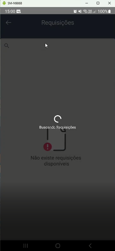 Tela Requisições com mensagem "Não existe requisições disponíveis" e ícone de aviso