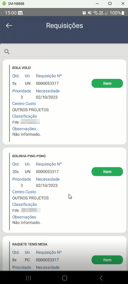Tela Requisições listando itens: BOLA VOLEI (5x UN, Requisição 0000053317, Prioridade 3, Necessidade 02/10/2023, Centro Custo OUTROS PROJETOS), BOLINHA PING-PONG (20x UN) e RAQUETE TENIS MESA (8x PC) com botão Item em cada card