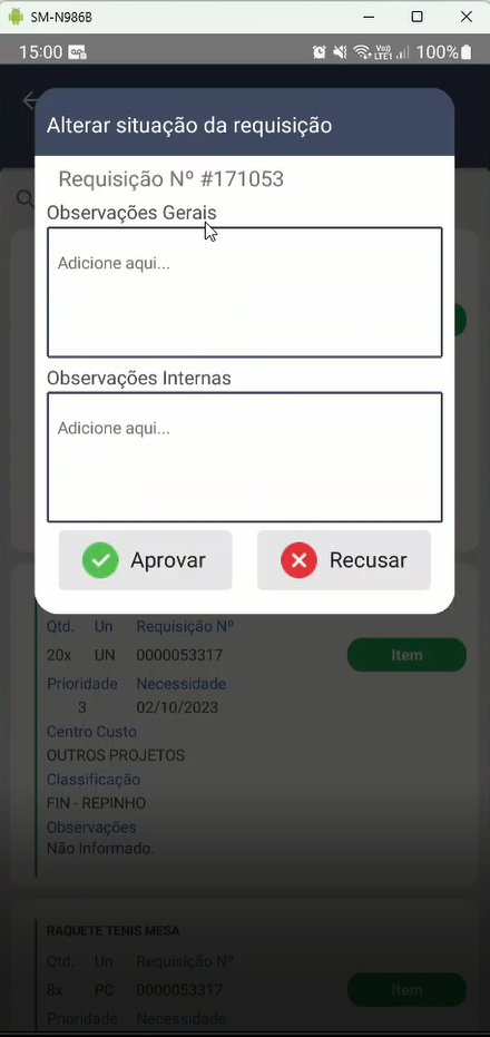 Diálogo Alterar situação da requisição com Requisição Nº #171053, campos Observações Gerais e Observações Internas (ambos "Adicione aqui...") e botões Aprovar e Recusar