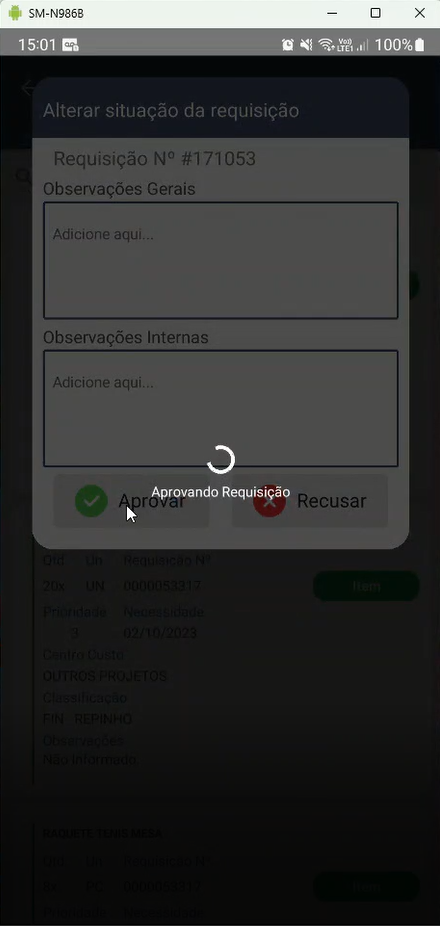 Diálogo de alteração da requisição com mensagem "Aprovando Requisição" e indicador de carregamento