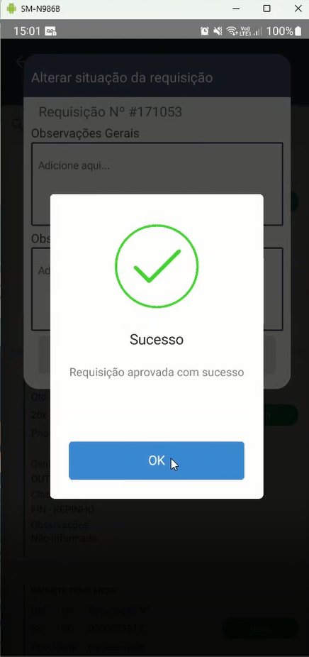 Diálogo de sucesso com ícone de check verde, texto "Sucesso — Requisição aprovada com sucesso" e botão OK