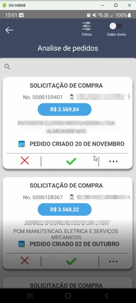 Tela Analise de pedidos listando: SOLICITAÇÃO DE COMPRA Nº 0000109401 R$ 3.569,84 ALMOXARIFADO PEDIDO CRIADO 20 DE NOVEMBRO, e SOLICITAÇÃO DE COMPRA Nº 0000108367 R$ 3.568,32 PCM MANUTENÇÃO, ELETRICA E SERVIÇOS MECANICOS PEDIDO CRIADO 02 DE OUTUBRO; cada cartão com botões X, check e ...
