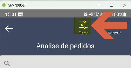 Tela Analise de pedidos com o ícone Filtros destacado por seta no cabeçalho