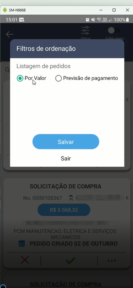 Diálogo Filtros de ordenação com opções "Por Valor" (selecionada) e "Previsão de pagamento", e botões Salvar e Sair