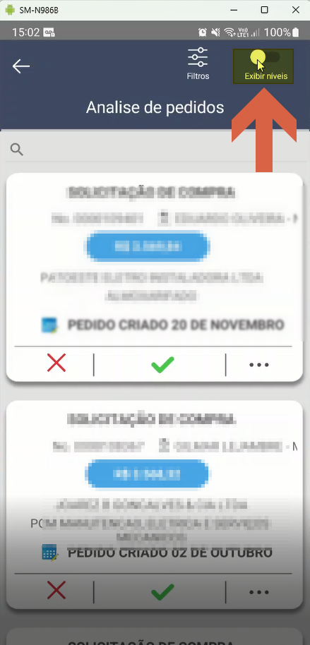 Tela Analise de pedidos com toggle Exibir níveis desativado no cabeçalho; lista de pedidos com dados parcialmente ocultados