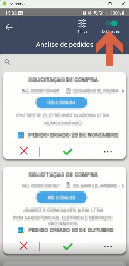 Tela Analise de pedidos com toggle Exibir níveis ativado (verde); lista de pedidos exibindo dados de outros níveis