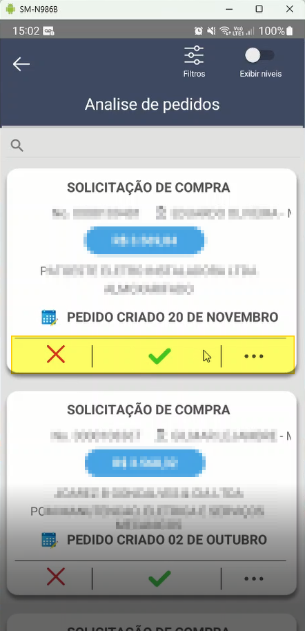Tela Analise de pedidos com a barra de atalhos (X, check, ...) de um pedido destacada