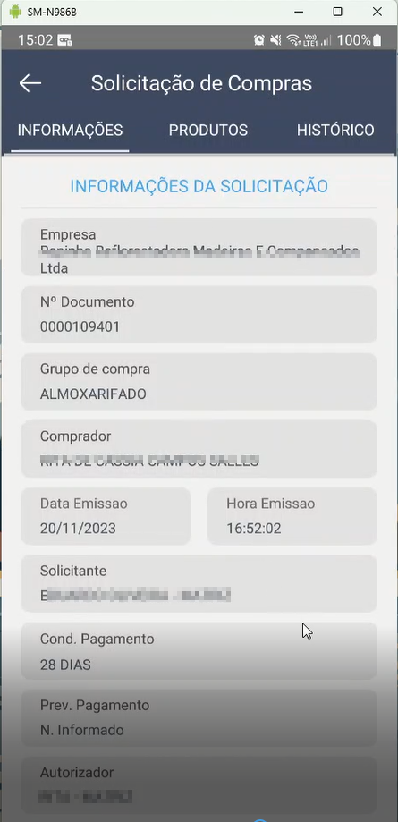 Tela Solicitação de Compras aba INFORMAÇÕES com campos: Empresa, Nº Documento 0000109401, Grupo de compra ALMOXARIFADO, Comprador, Data Emissão 20/11/2023, Hora Emissão 16:52:02, Solicitante, Cond. Pagamento 28 DIAS, Prev. Pagamento N. Informado, Autorizador