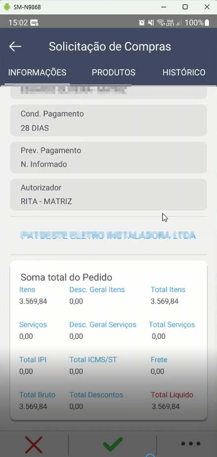 Tela Solicitação de Compras continuação da aba INFORMAÇÕES com Cond. Pagamento 28 DIAS, Prev. Pagamento N. Informado, Autorizador RITA - MATRIZ, e Soma total do Pedido: Itens 3.569,84 / Desc. Geral Itens 0,00 / Total Itens 3.569,84 / Serviços 0,00 / Total IPI 0,00 / Total ICMS/ST 0,00 / Frete 0,00 / Total Bruto 3.569,84 / Total Descontos 0,00 / Total Líquido 3.569,84
