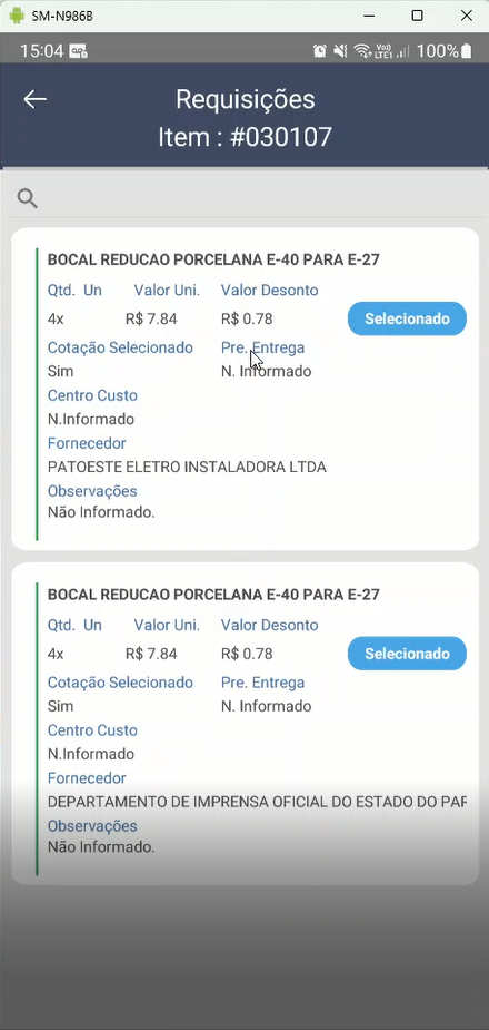 Tela Requisições Item #030107 exibindo cotações do BOCAL REDUCAO PORCELANA E-40 PARA E-27 com dois fornecedores: PATOESTE ELETRO INSTALADORA LTDA (4x, R$ 7,84, Desconto R$ 0,78) e DEPARTAMENTO DE IMPRENSA OFICIAL DO ESTADO DO PA... (4x, R$ 7,84, Desconto R$ 0,78); ambos com botão Selecionado