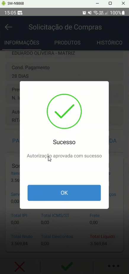 Diálogo de sucesso com ícone de check verde, texto "Sucesso — Autorização aprovada com sucesso" e botão OK