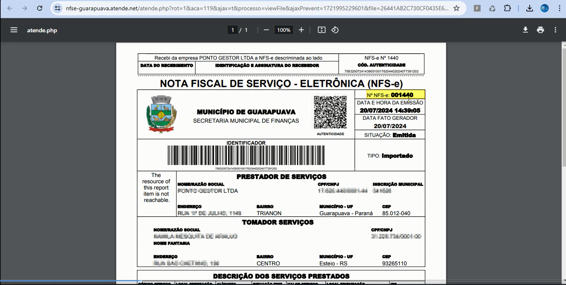 Nota Fiscal de Serviço Eletrônica (NFS-e) do Município de Guarapuava — Secretaria Municipal de Finanças, com campo "NFS-e Nº 001440" destacado em vermelho, data de emissão 28/07/2024 e situação Emitida