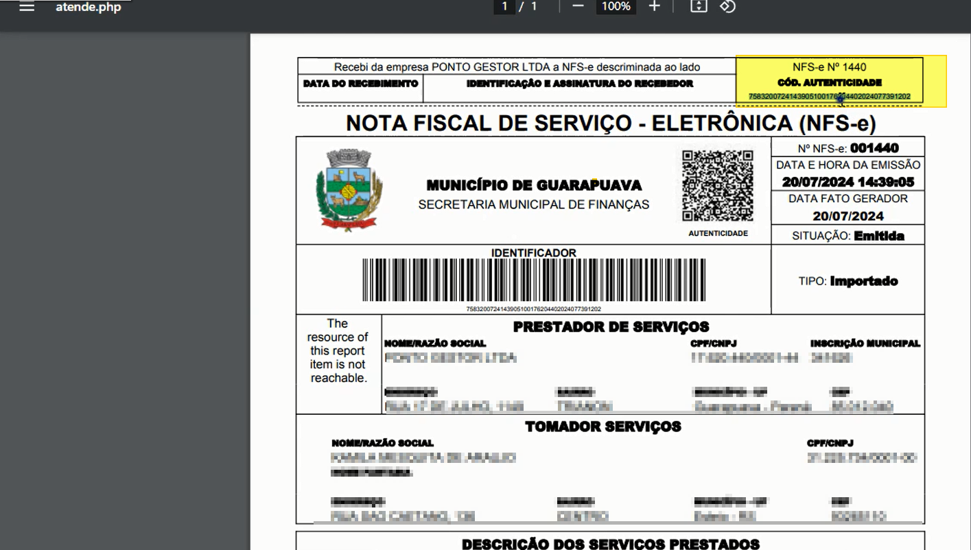 Nota Fiscal de Serviço Eletrônica (NFS-e) do Município de Guarapuava com campo "Cód. Autenticidade" destacado no cabeçalho, ao lado do número NFS-e Nº 001440 e data de emissão 28/07/2024