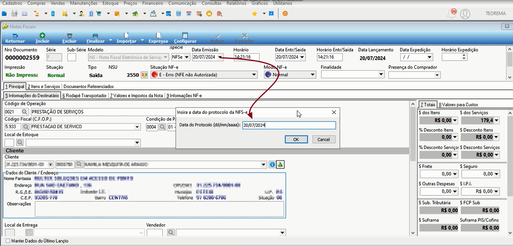 Caixa de entrada "Insira a data do protocolo da NFS-e" com campo "Data do Protocolo" preenchido com data e botões OK e Cancel