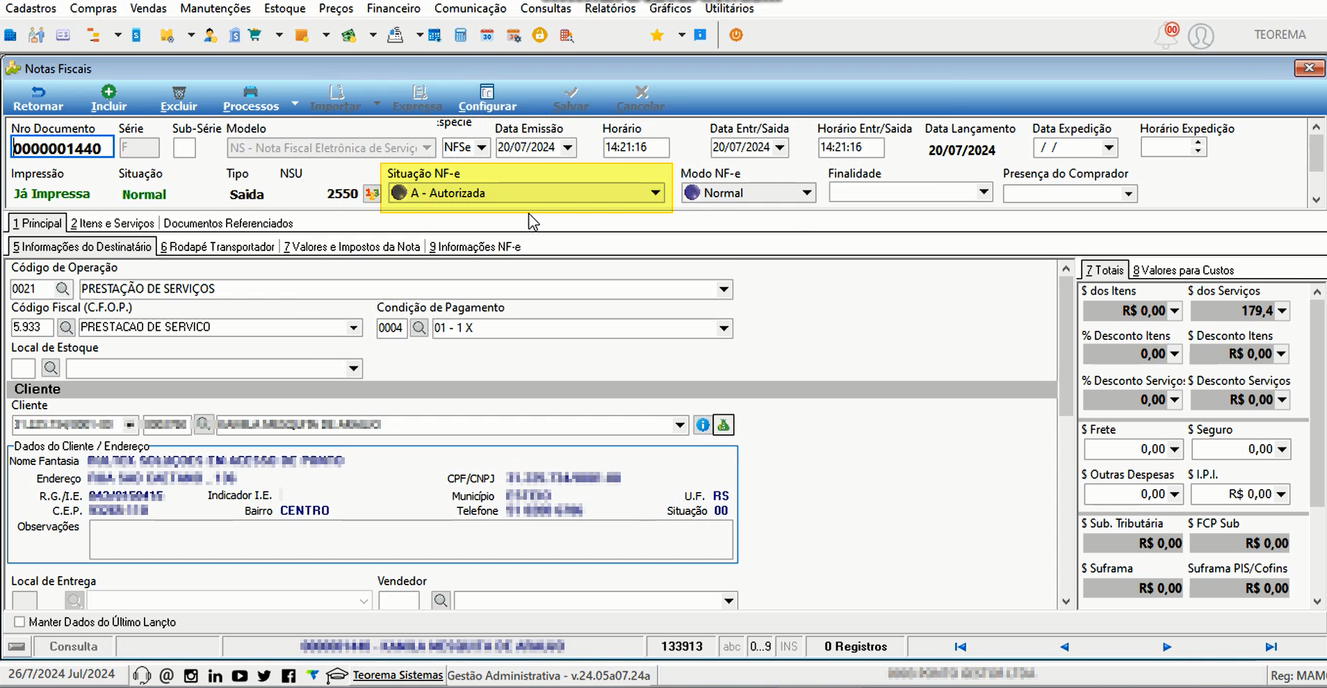 Tela de nota fiscal no Gestão Administrativa com documento 0000001440, campo Situação NF-e exibindo "A - Autorizada" em destaque, data 28/07/2024 e rodapé mostrando versão do sistema v.a24.05.05a