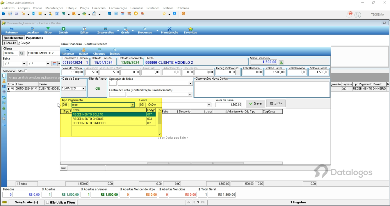 Janela Baixa Financeiro - Contas a Receber com dropdown Tipo Pagamento expandido mostrando: RECEBIMENTO BOLETO (001), RECEBIMENTO CHEQUE (003), RECEBIMENTO DINHEIRO; Valor da Baixa exibe R$ 1.500,00