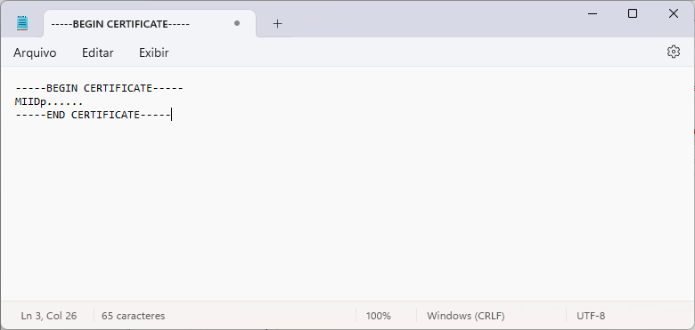 Bloco de Notas exibindo o conteúdo do arquivo de certificado: -----BEGIN CERTIFICATE----- seguido de conteúdo codificado (MIIDp......) e -----END CERTIFICATE-----.