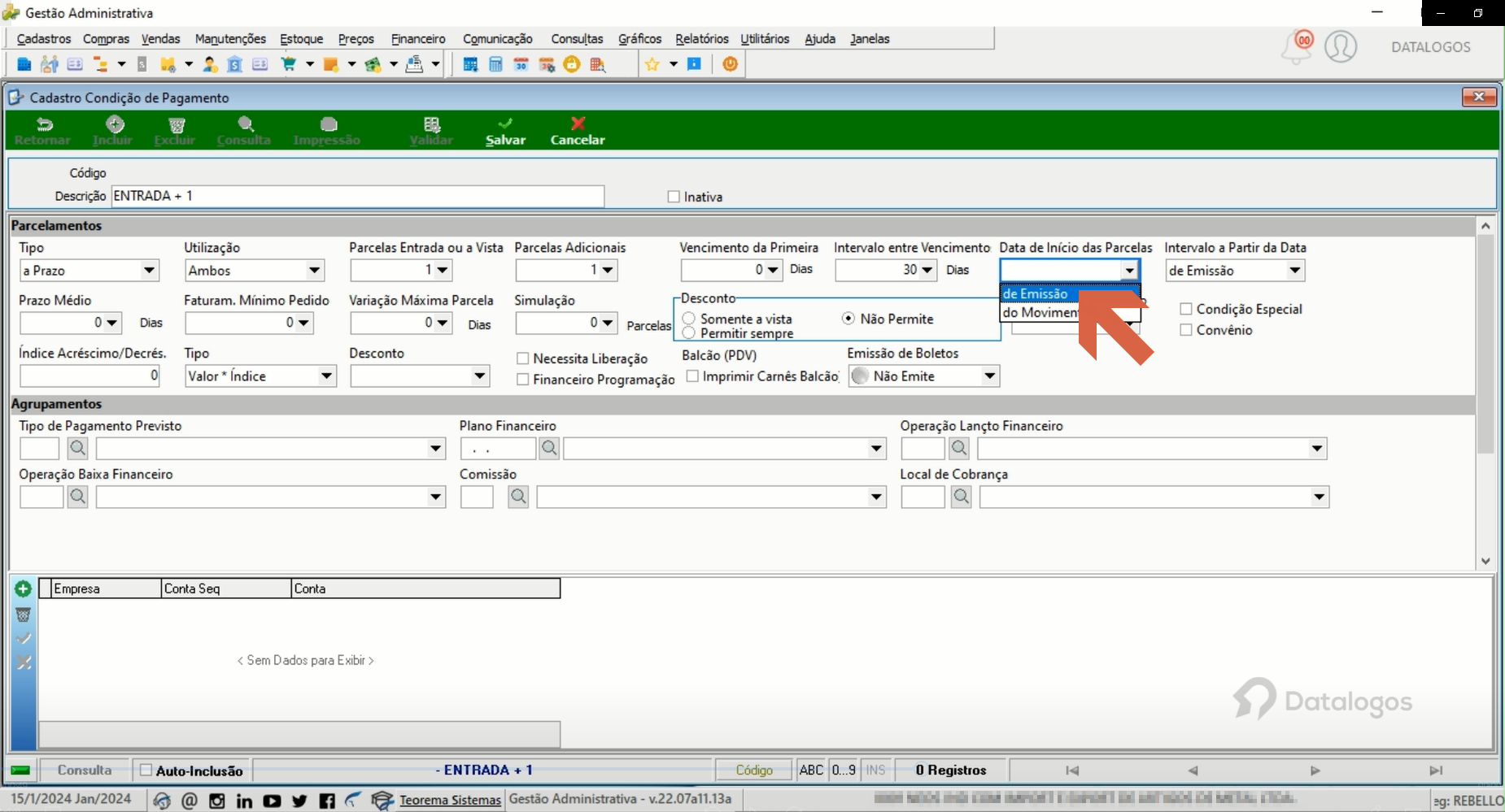 Formulário com campo Data de Início das Parcelas destacado e dropdown com opção Da Emissão