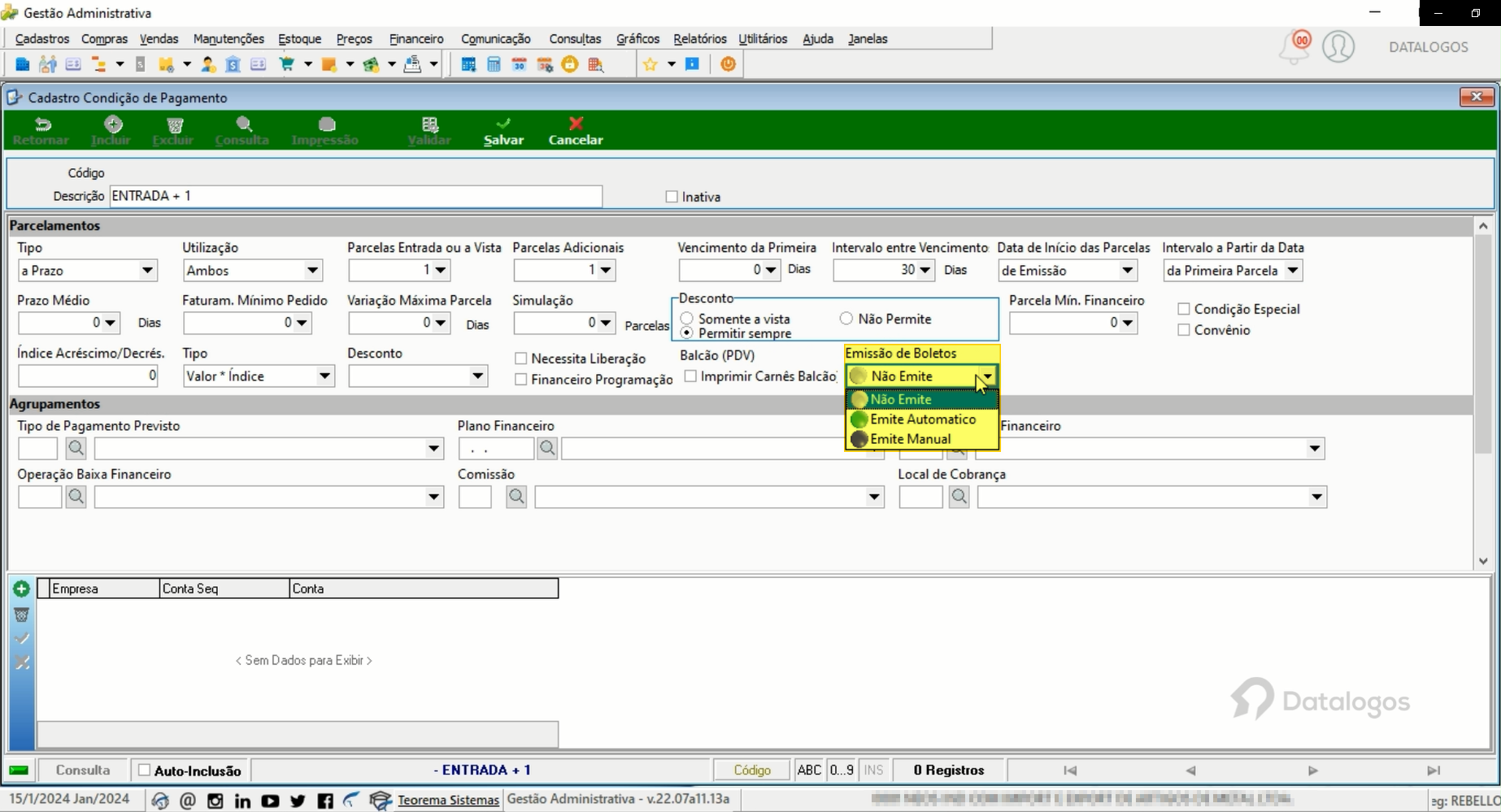 Formulário com campo Emissão de Boletos destacado e dropdown com opções Não Emite, Emite Automático e Emite Manual