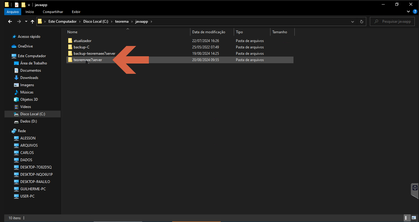Explorador de Arquivos em C:\teorema\javaapp com pasta teoremaee7server selecionada