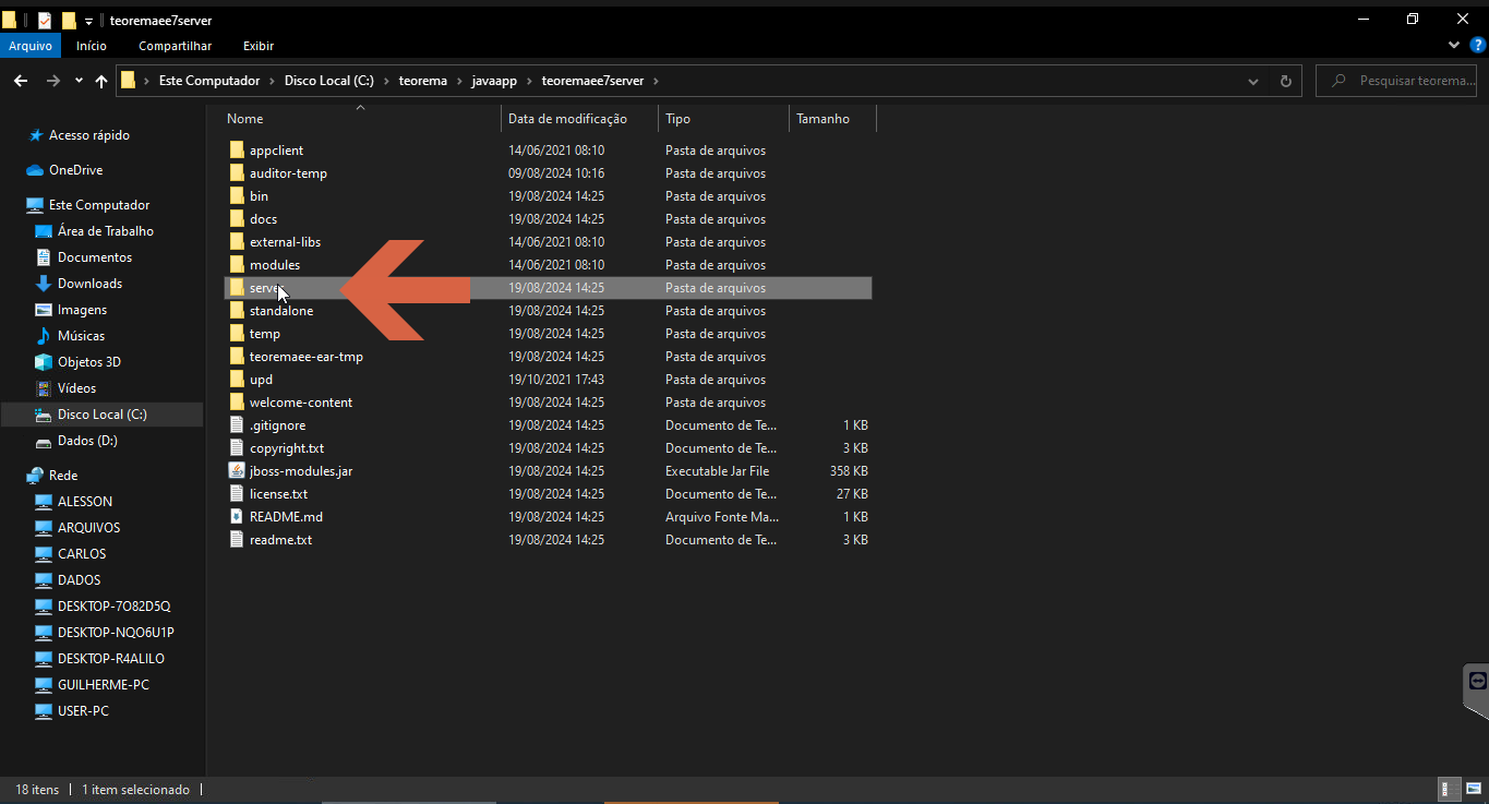Explorador de Arquivos em C:\teorema\javaapp\teoremaee7server com pasta server selecionada