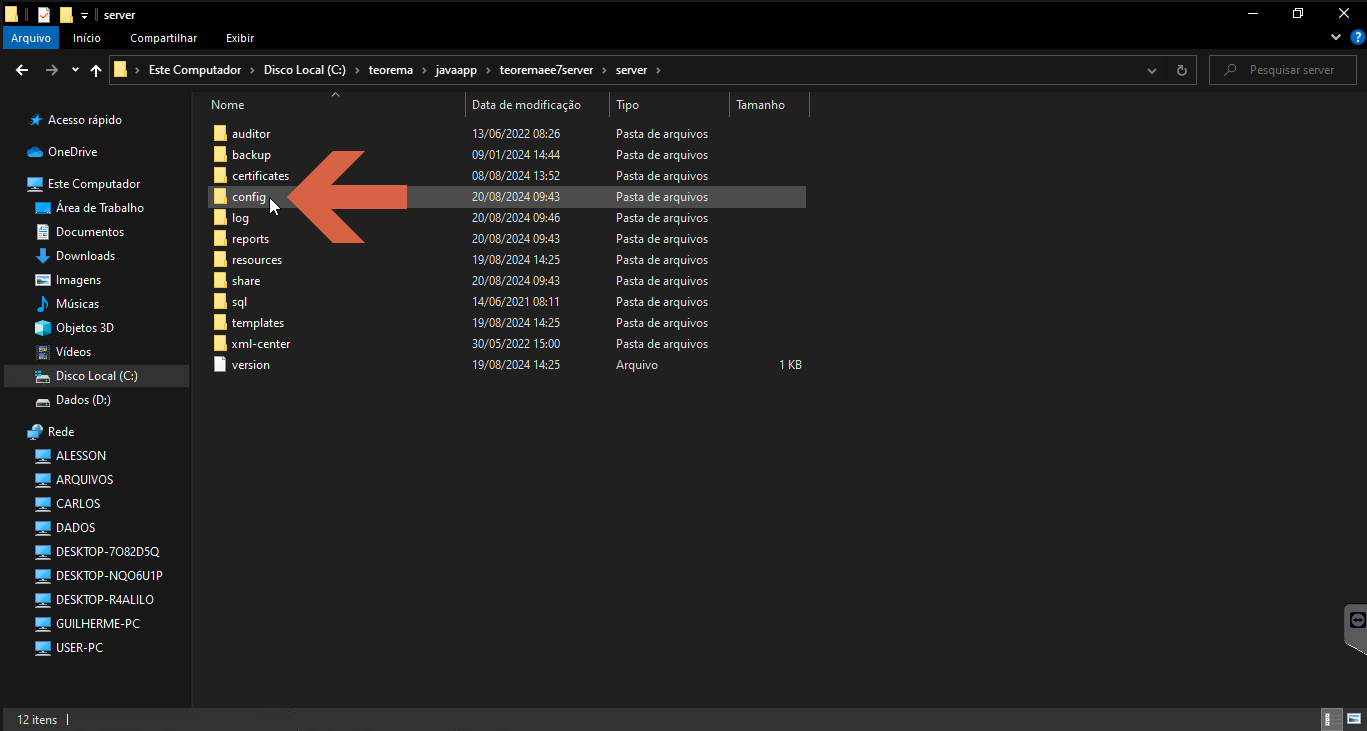 Explorador de Arquivos em server\config com arquivo custom-print-config.json.example destacado