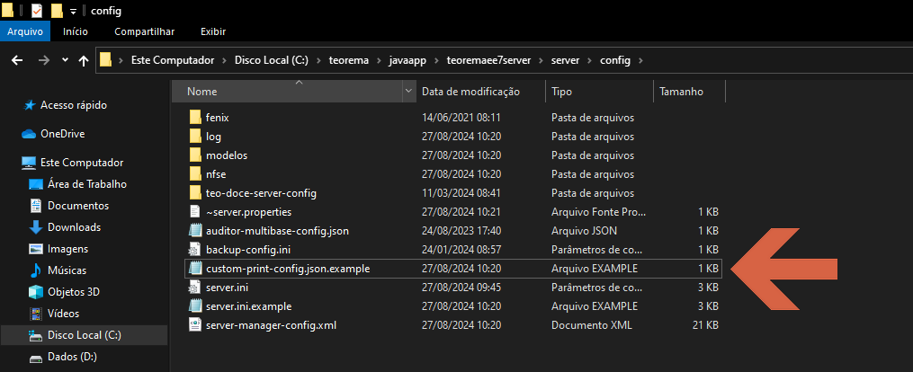 Explorador de Arquivos em server\config com arquivo custom-print-config.json sem a extensão .example