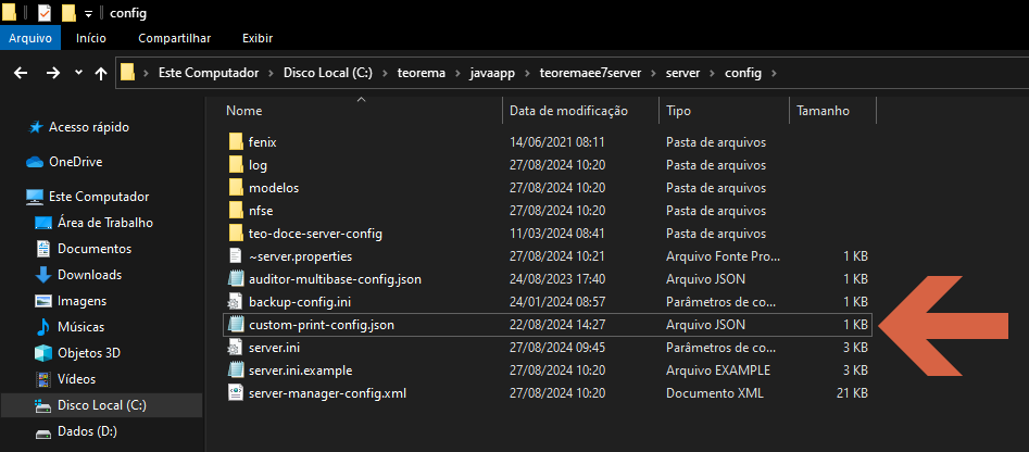 Explorador de Arquivos em server\config com custom-print-config.json selecionado, tamanho 598 bytes