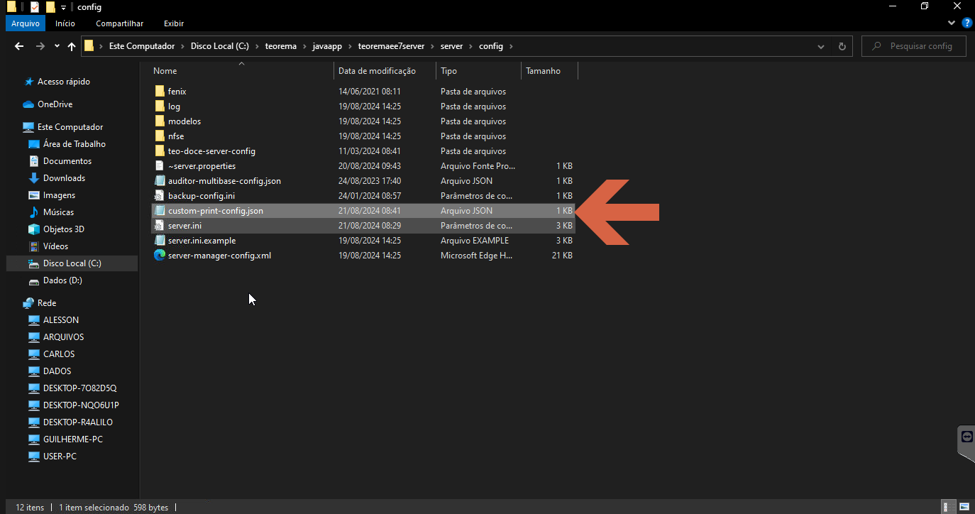 custom-print-config.json aberto no Bloco de Notas com a estrutura completa: empresas 0001 e 0002, cada uma com bloco 55 contendo A_VISTA e A_PRAZO, campos IMPRESSORA e QUANTIDADE_IMPRESSOES