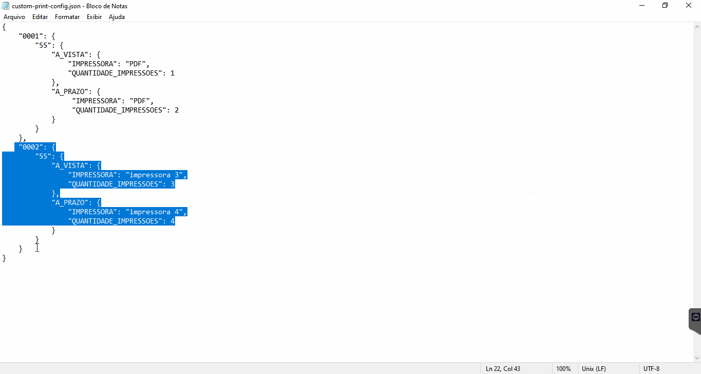 custom-print-config.json com o bloco da empresa 0002 selecionado, contendo A_VISTA com impressora 3 e 3 cópias, e A_PRAZO com impressora 4 e 4 cópias