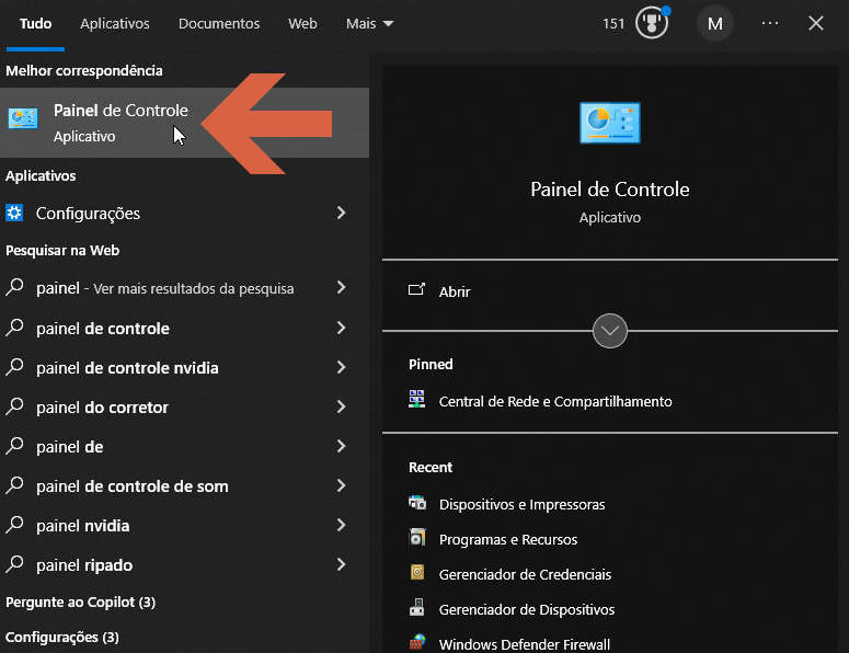 Menu Iniciar com resultado de pesquisa "painel de controle" mostrando o aplicativo Painel de Controle como melhor correspondência