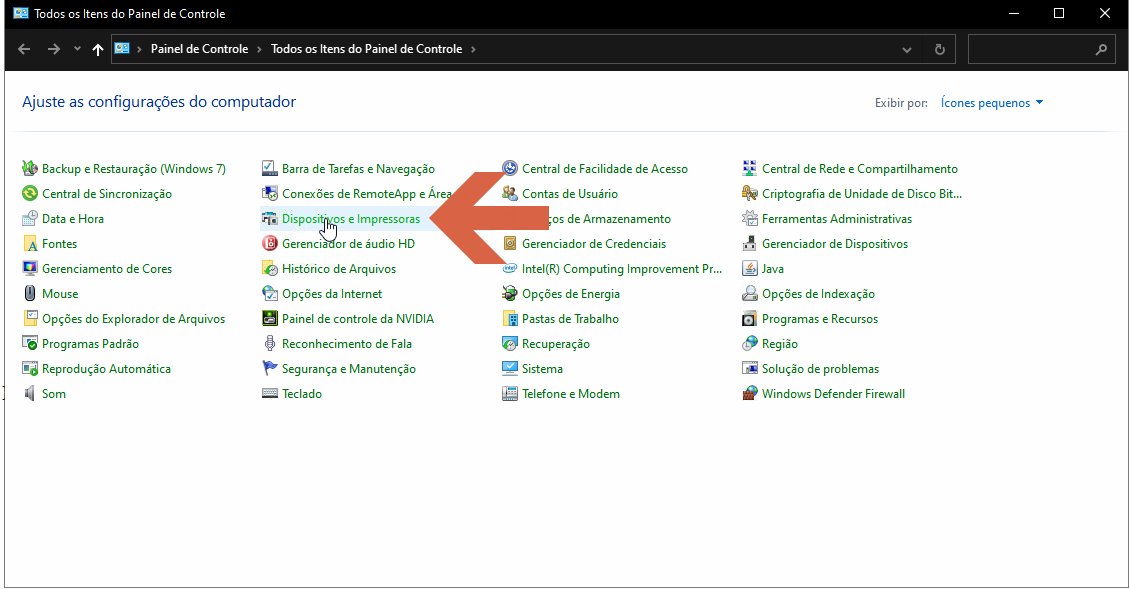 Painel de Controle mostrando todos os itens, com Dispositivos e Impressoras destacado